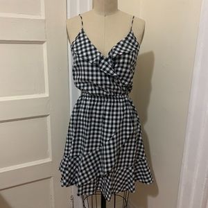 Express Gingham Ruffle Trim Fit and Flare Dress